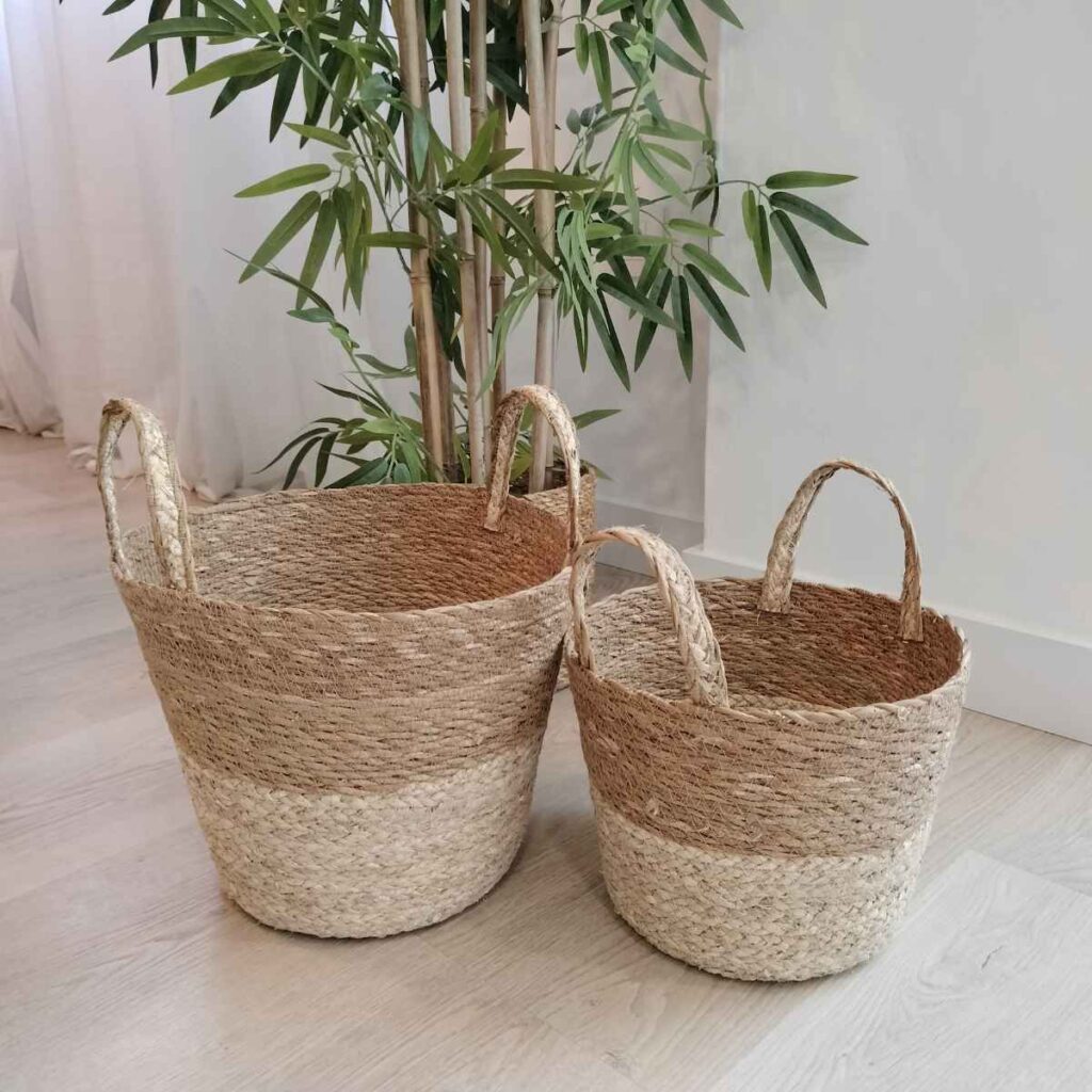 cestas de fibras naturales delante de una planta