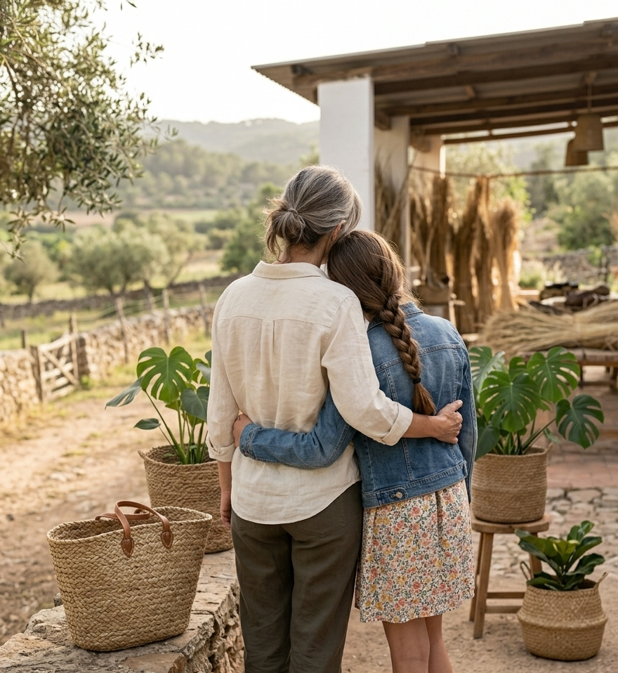 Madre e hija abrazándose en un entorno campestre con productos de decoración de fibras naturales alrededor de Oxiiro