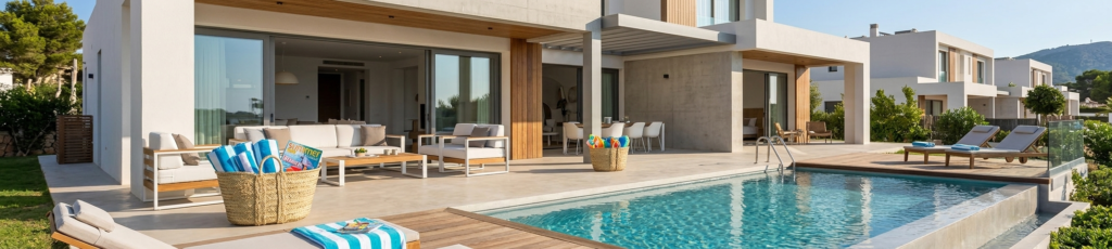 Cesta de rafia junto a piscina en terraza de chalet moderno mediterráneo en verano