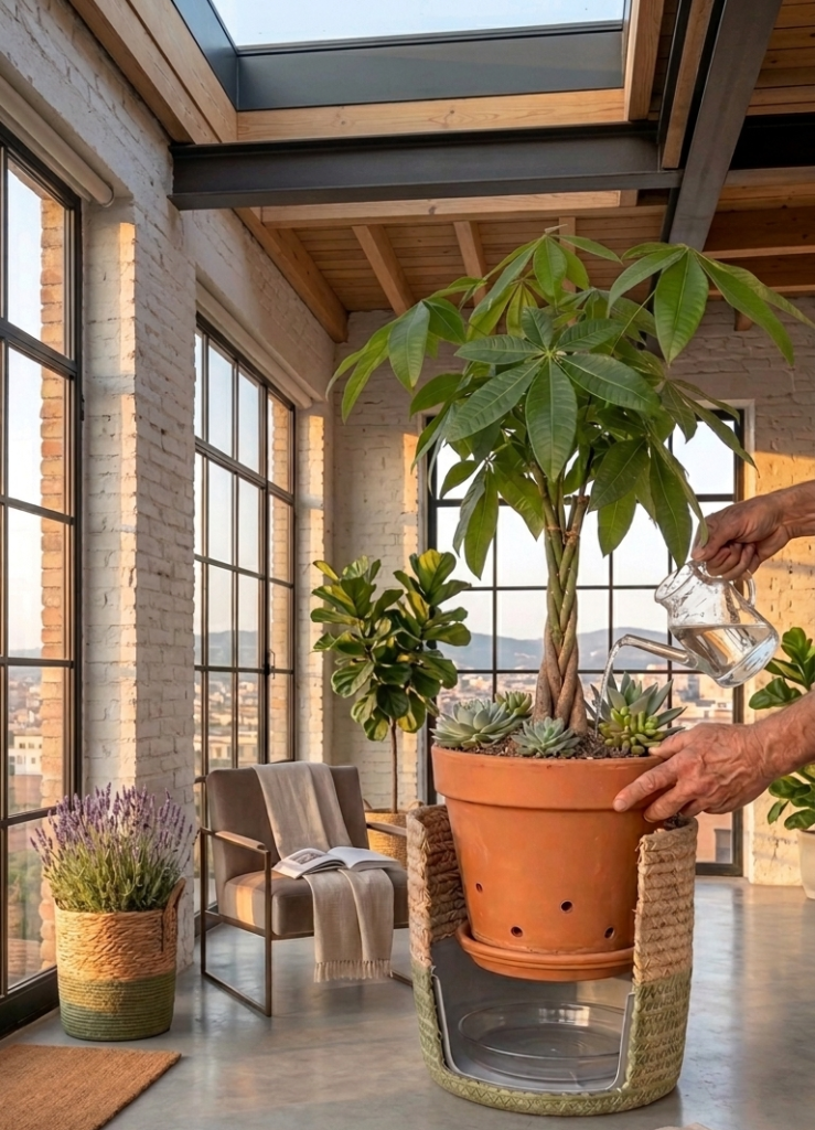 Sistema de doble maceta con maceta de terracota dentro de macetero de fibra natural en salón con luz natural
