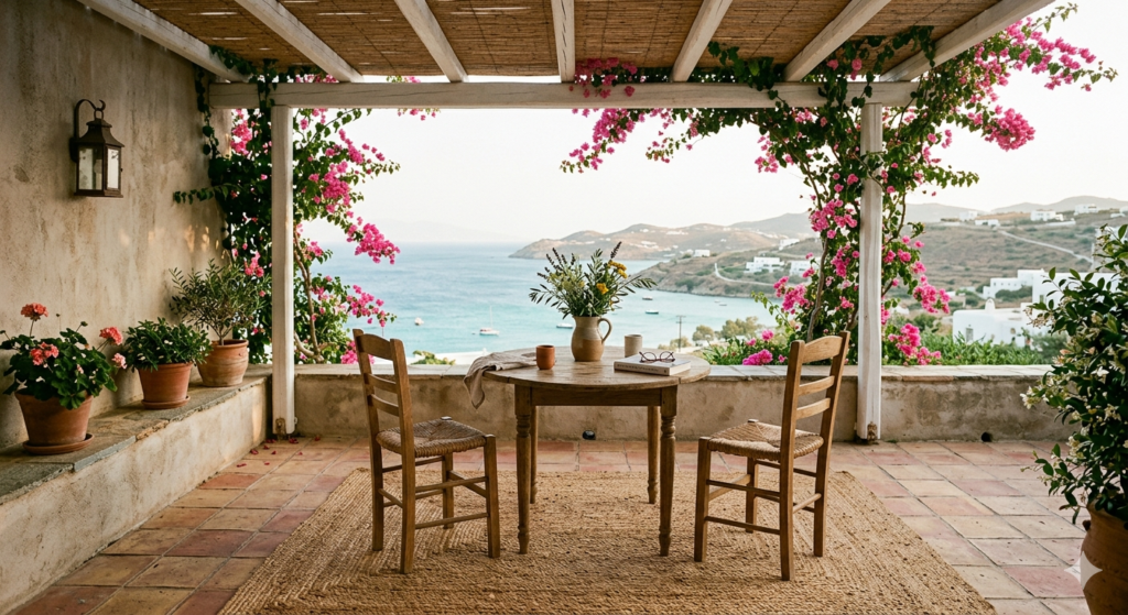 Terraza mediterránea con alfombra de fibra natural, mesa de madera y bugenvilla en flor
