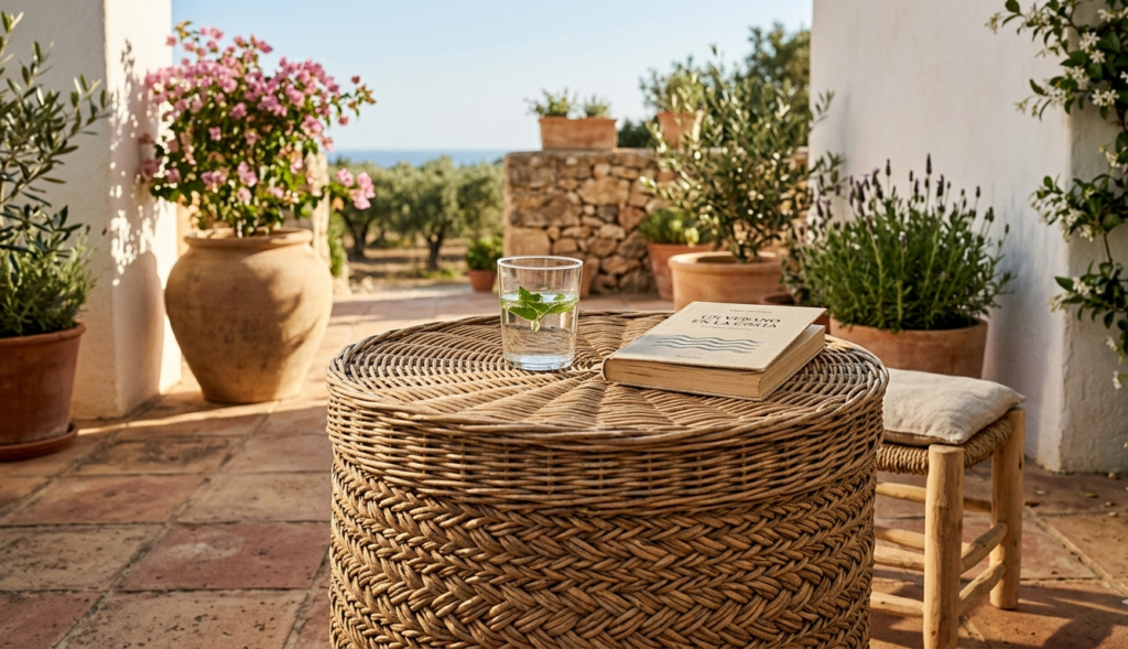 Cesta de mimbre grande como mesa auxiliar con libro y vaso en terraza mediterránea