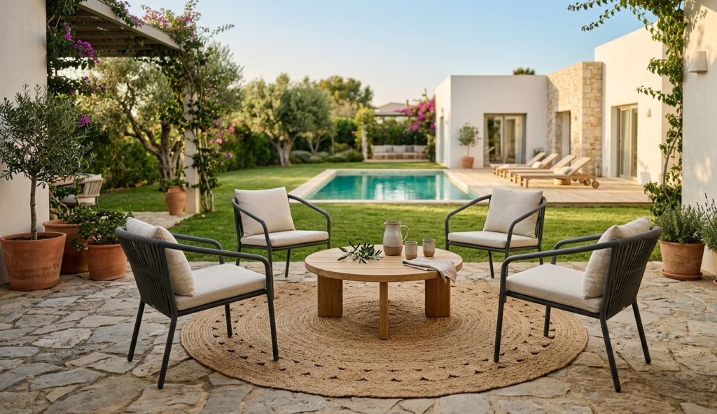 Jardin de chalet blanco con piscina en el centro rectangular y conjunto de mesa de centro baja y sillas sobre alfombra redonda de esparto Oxiiro