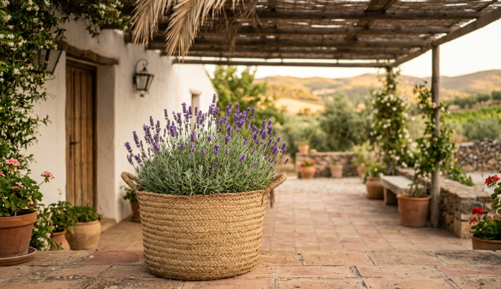 macetero de fibras naturales con lavanda en terraza de un cortijo andaluz