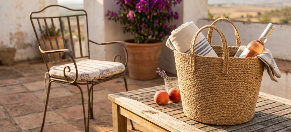 Cesta de esparto trenzado con manta y botella de vino sobre mesa de madera en terraza andaluz