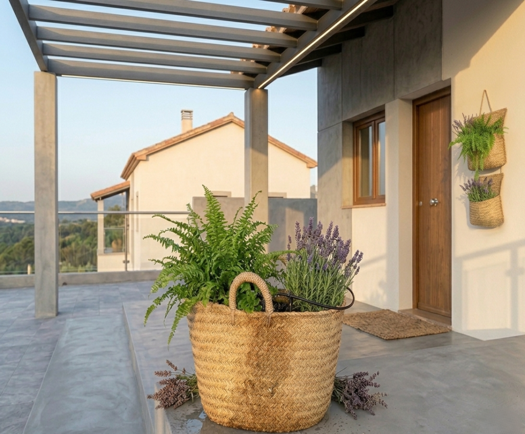 macetero de esparto con lavanda en porche moderno con suelos grises y fachada blanca con elementos de madera en puerta y ventanas