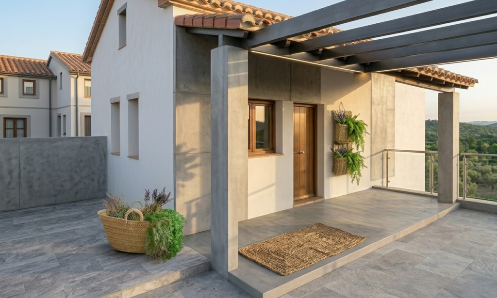Felpudo de esparto artesanal en entrada de terraza moderna con maceteros colgantes de rafia
