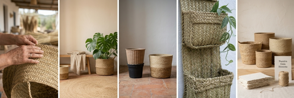 Collage de imágenes de decoración artesanal sostenible de Oxiiro, mostrando maceteros de fibra natural hechos a mano en España, cestas de esparto trenzado y plantas de interior como la monstera en ambientes de estilo rústico y mediterráneo