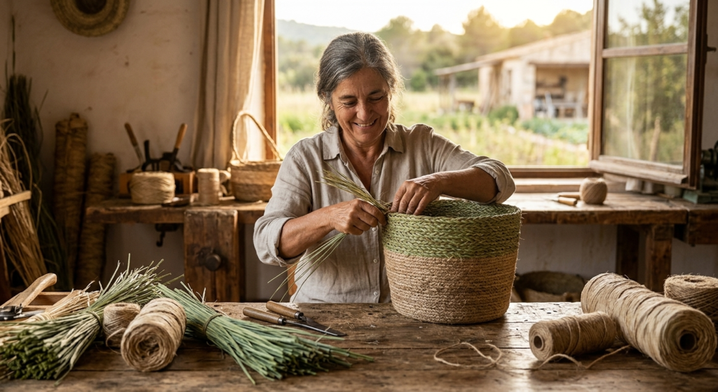 Artesana tejiendo macetero de fibra natural y yute en taller de decoración artesanal Oxiiro.