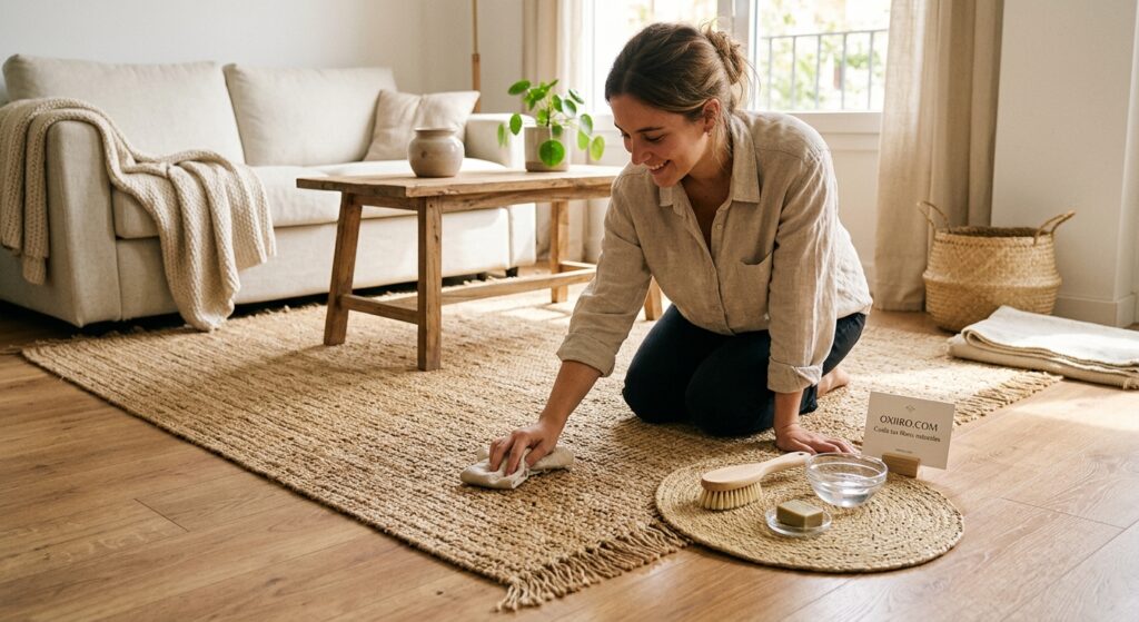 mujer limpiando alfombra de rafia natural con paño húmedo
