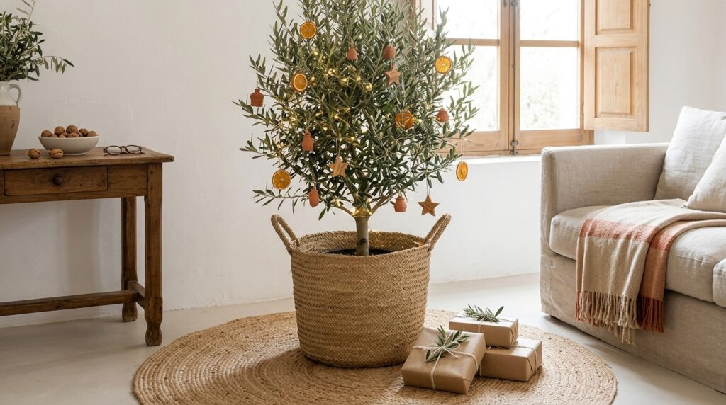 Un árbol de Navidad pequeño sobre una alfombra redonda de yute, con el pie oculto dentro de una cesta grande de esparto trenzado con asas de Oxiiro, decorado con luces cálidas y adornos orgánicos, en un salón de estilo mediterráneo acogedor.
