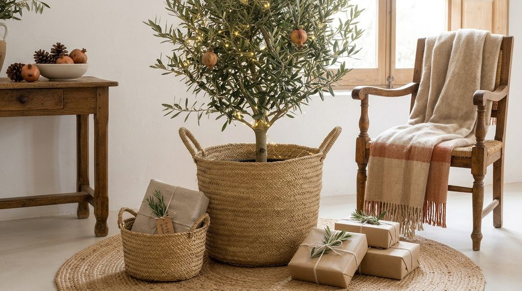 Un árbol de Navidad pequeño sobre una alfombra redonda de yute crudo Oxiiro, con el pie oculto dentro de una gran cesta de esparto trenzado Oxiiro con asas, decorado con luces cálidas coiled y rodeado de regalos envueltos de forma natural, en un salón de estilo mediterráneo acogedor con un sillón de madera y manta de punto.