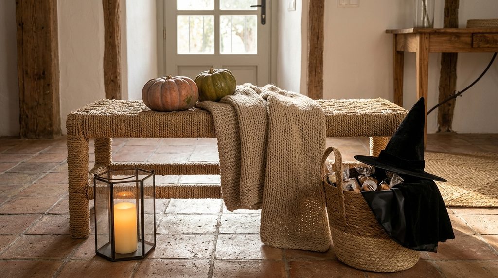 Banco artesanal de yute natural de Oxiiro en un recibidor con suelo de terracota, decorado con una manta de punto, calabazas naturales, un farol con luz LED y una cesta con accesorios de disfraz.
