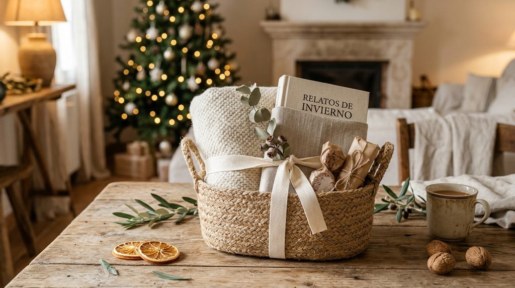 Cesta pequeña de fibra natural trenzada de Oxiiro utilizada como regalo sostenible, con una manta doblada, un libro y dulces en su interior, atada con una cinta de algodón y eucalipto sobre una mesa de madera con un árbol de Navidad iluminado al fondo.