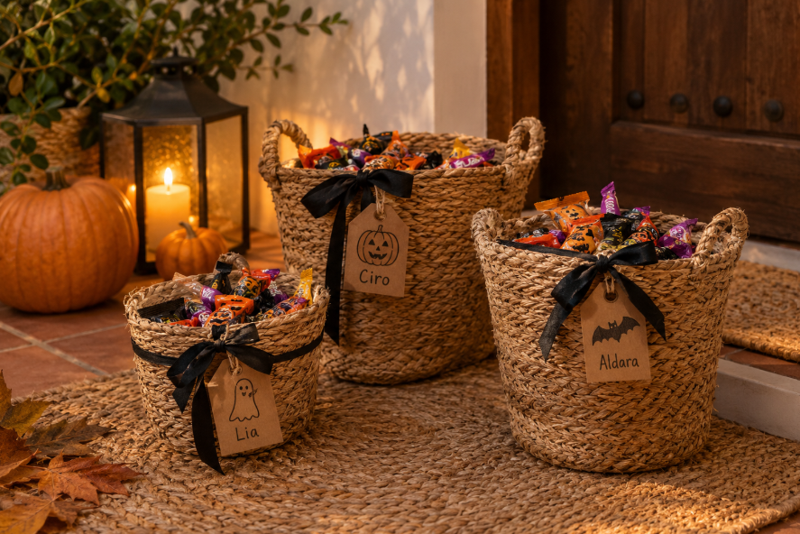 Tres cestas de fibra natural con asas llenas de chucherías para Halloween, decoradas con lazos negros y etiquetas de cartón, junto a calabazas y un farol en la entrada de casa.