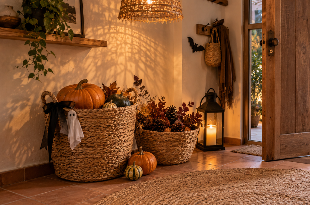 Cestas de fibras naturales con calabazas y hojas secas en la entrada de una casa decorada para Halloween, con alfombra de yute, lámpara trenzada y luz cálida que crea sombras otoñales.