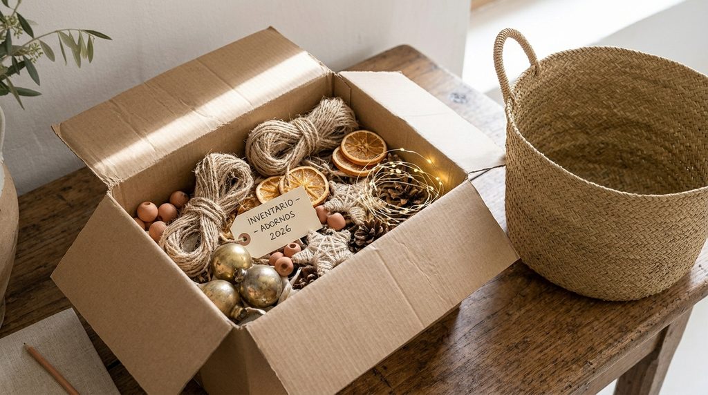 Una caja de cartón abierta sobre una mesa de madera con bolas de cristal vintage, guirnaldas de luces LED, piñas, rodajas de naranja secas y cuerda de yute, junto a una cesta de esparto trenzado con asas para reutilizar en Navidad.