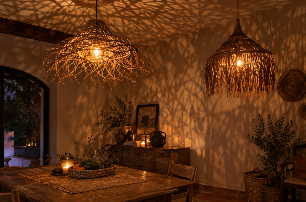 Lámparas colgantes de fibras naturales encendidas proyectan sombras sobre las paredes y el techo de un salón con decoración otoñal, creando un ambiente cálido y misterioso para Halloween.