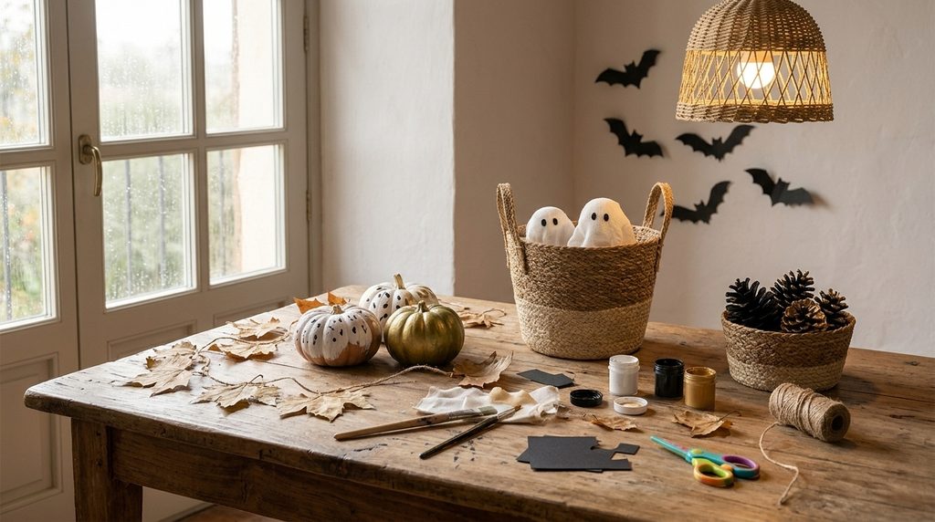 Mesa de madera junto a la ventana decorada con manualidades de Halloween hechas con niños: calabazas pintadas, guirnalda de hojas secas, fantasmas de gasa en cestas de fibra natural de Oxiiro y murciélagos de cartulina.