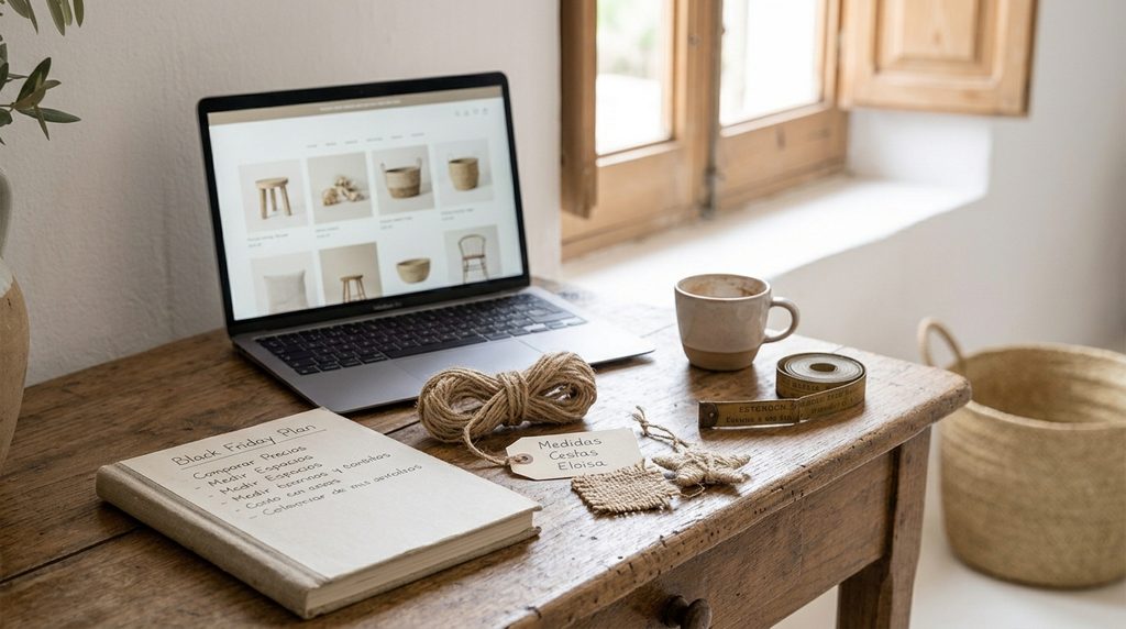 Primer plano de un escritorio de madera con un cuaderno de lino abierto que contiene listas escritas a mano sobre planificación de Black Friday en español, junto a muestras de fibras naturales, una cinta métrica de cobre y un portátil abierto que muestra productos de Oxiiro sin precios, ilustrando una compra consciente y meditada.