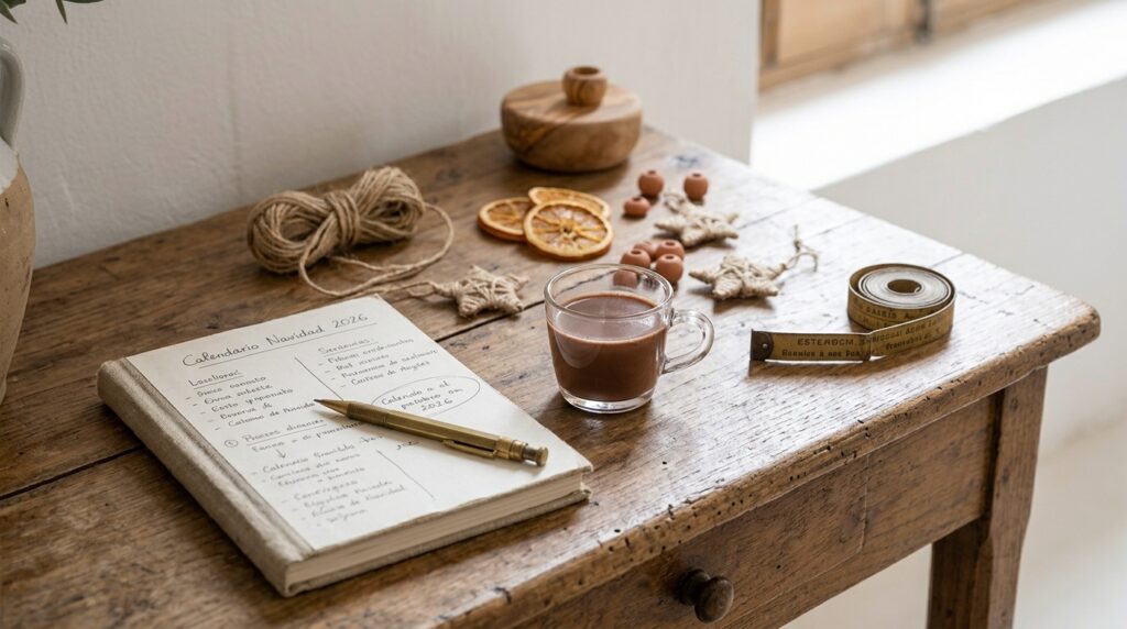 Un primer plano de un escritorio de madera antiguo con un cuaderno de lino abierto, lleno de listas escritas a mano y diagramas para la Navidad de 2026, junto a una taza de chocolate caliente, rodajas de naranja secas, piñas y pequeños adornos naturales.